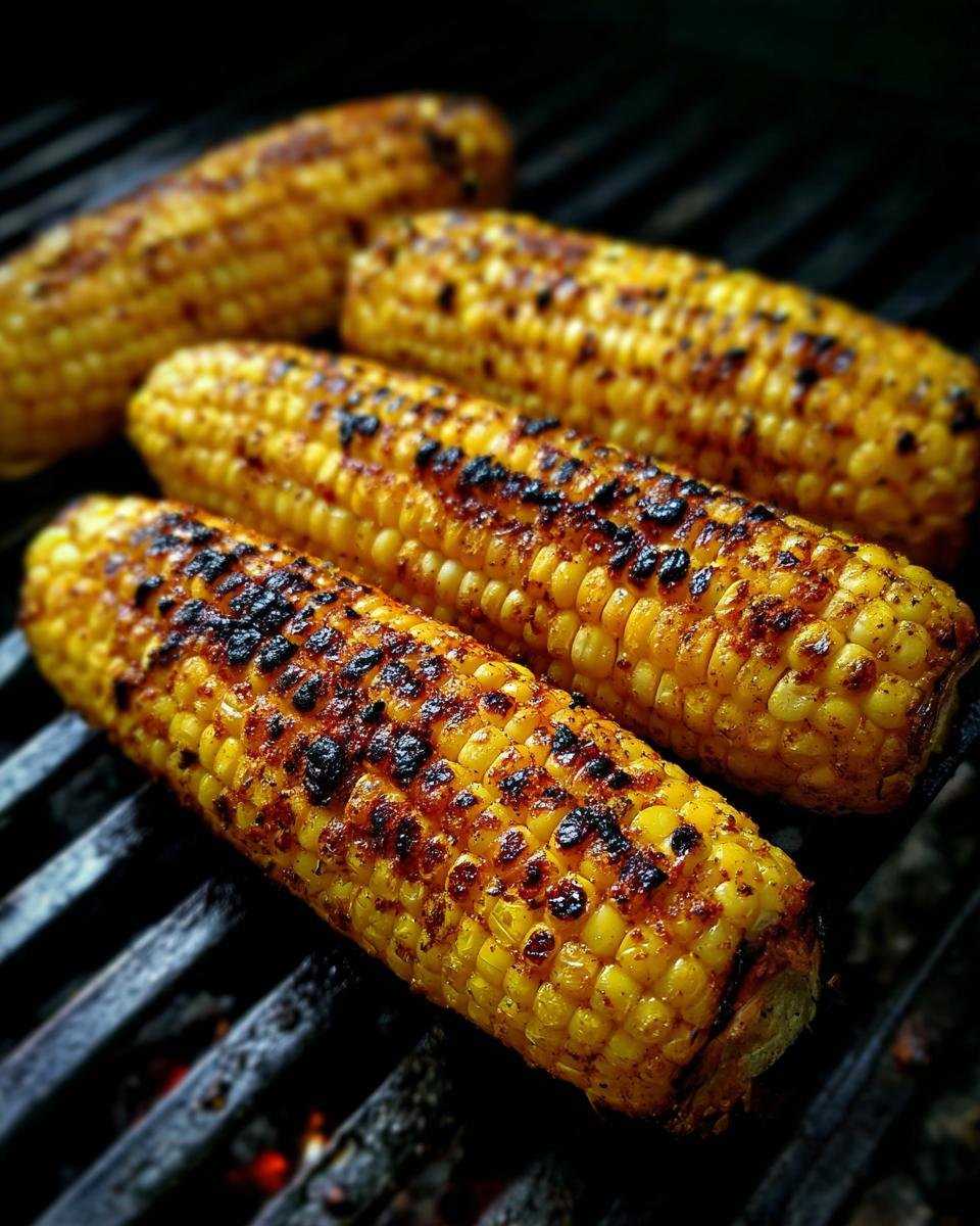 Close-up of four ears of Grilled Corn On The Cob cooking on a barbecue grill.