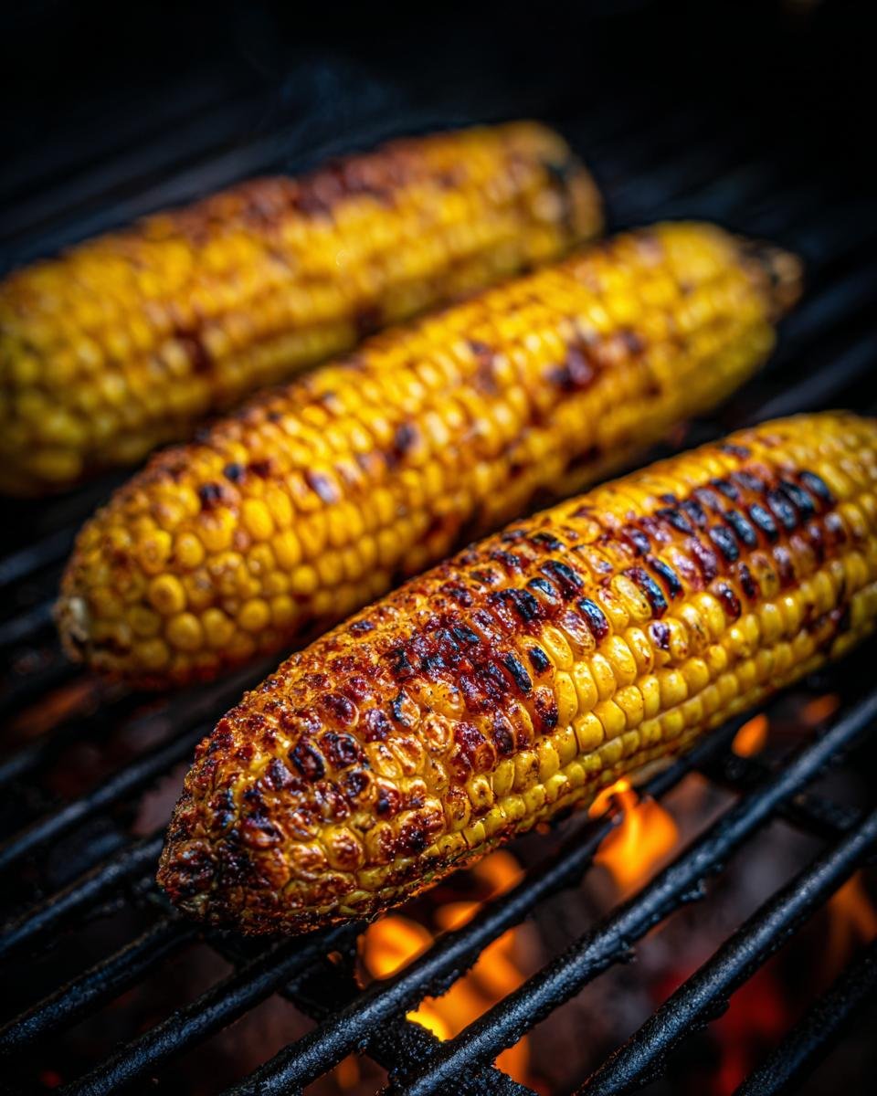 Close-up of Grilled Corn On The Cob sizzling on a barbecue grill with visible flames.