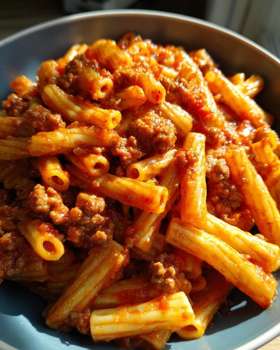 A close-up of pasta with ground beef and tomato sauce, a delicious ground beef recipe.