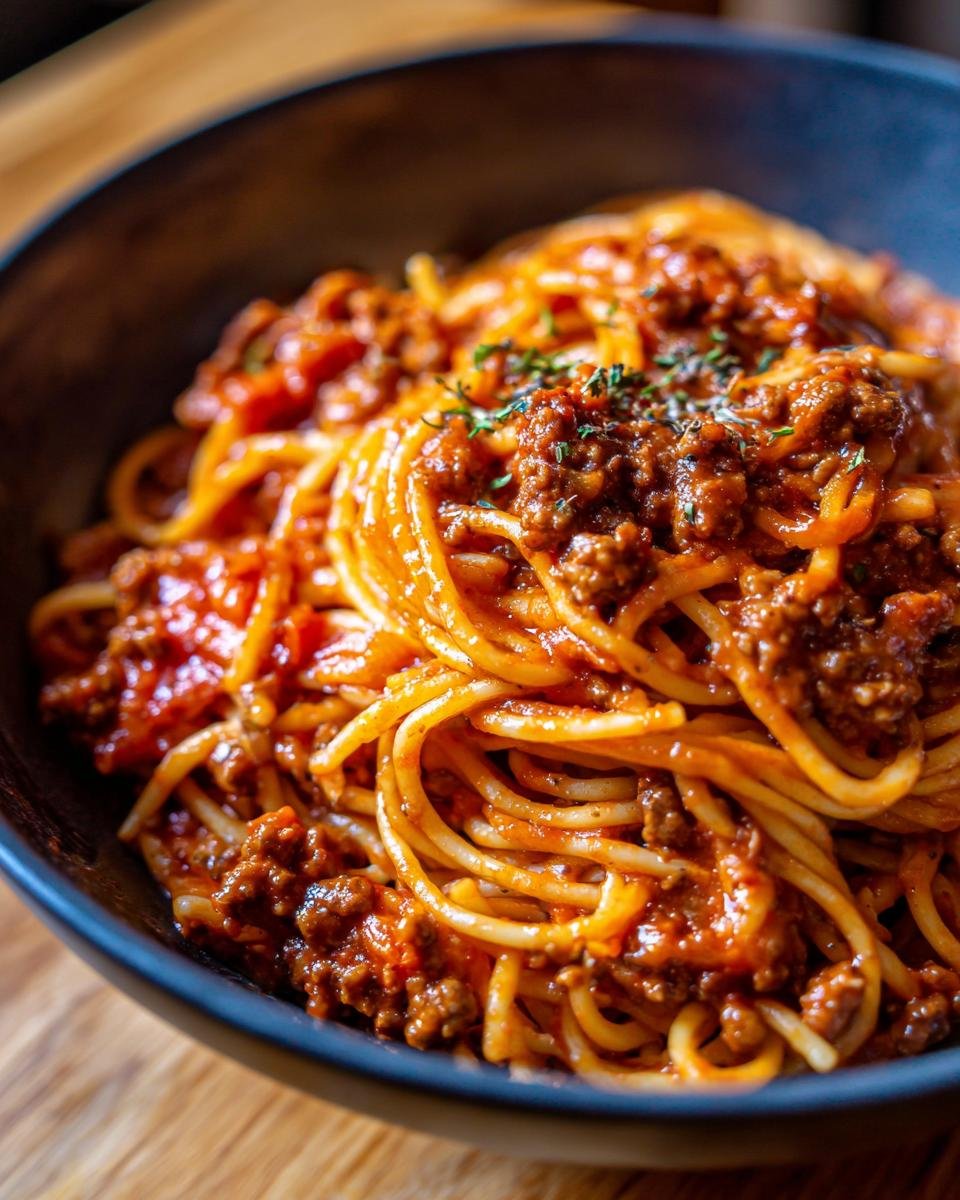 A close-up of spaghetti with rich ground beef bolognese sauce, a perfect dinner recipe.
