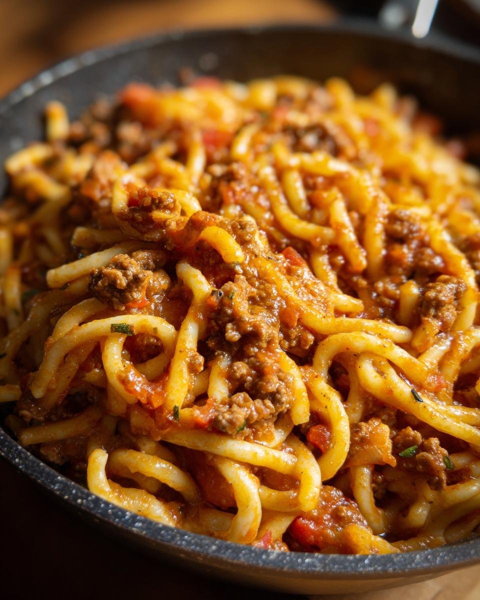 Close-up of spaghetti with a rich ground beef and tomato sauce, a delicious recipe with ground beef for dinner bliss.