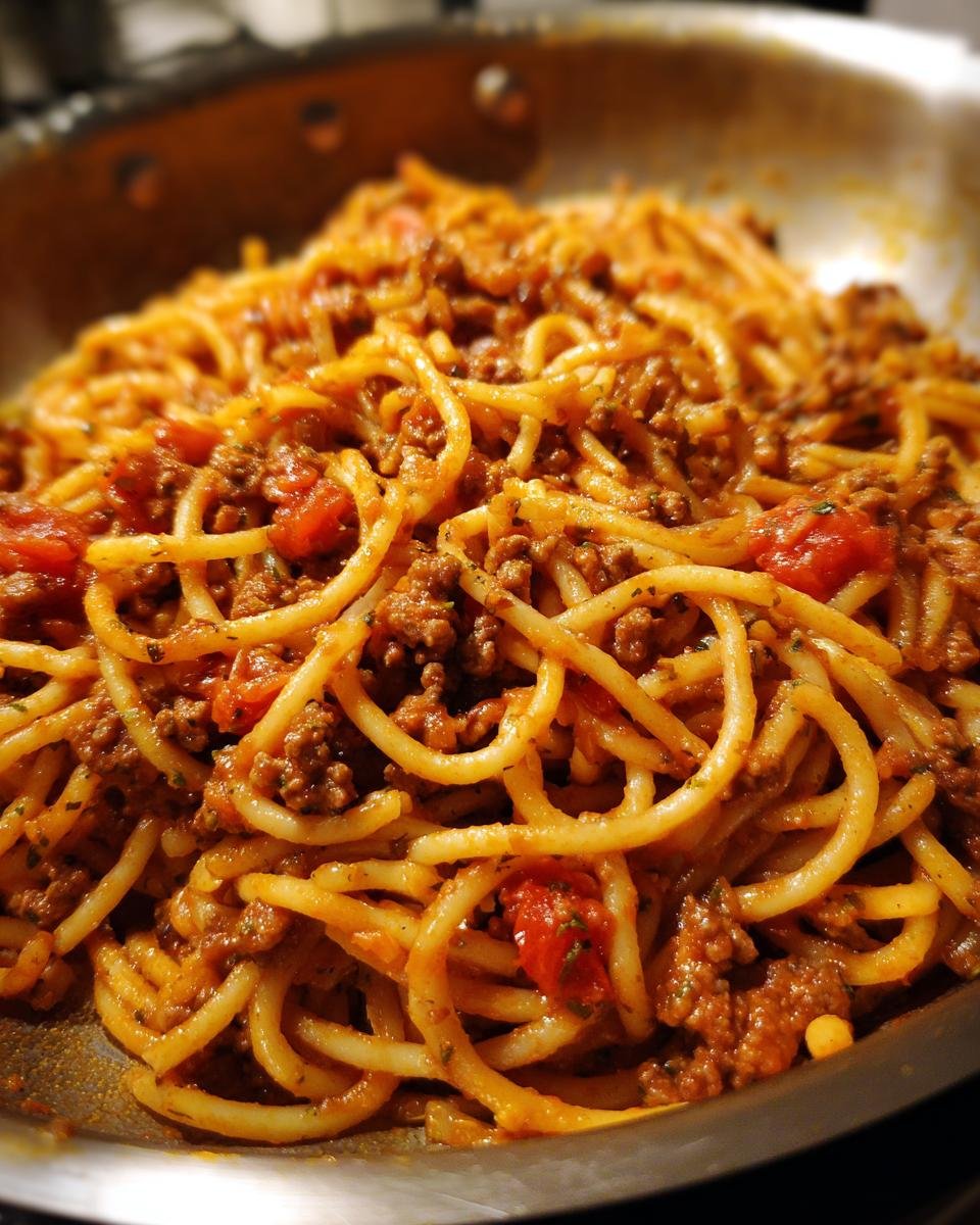 A close-up of spaghetti with a rich ground beef and tomato sauce, a perfect dish for dinner bliss.