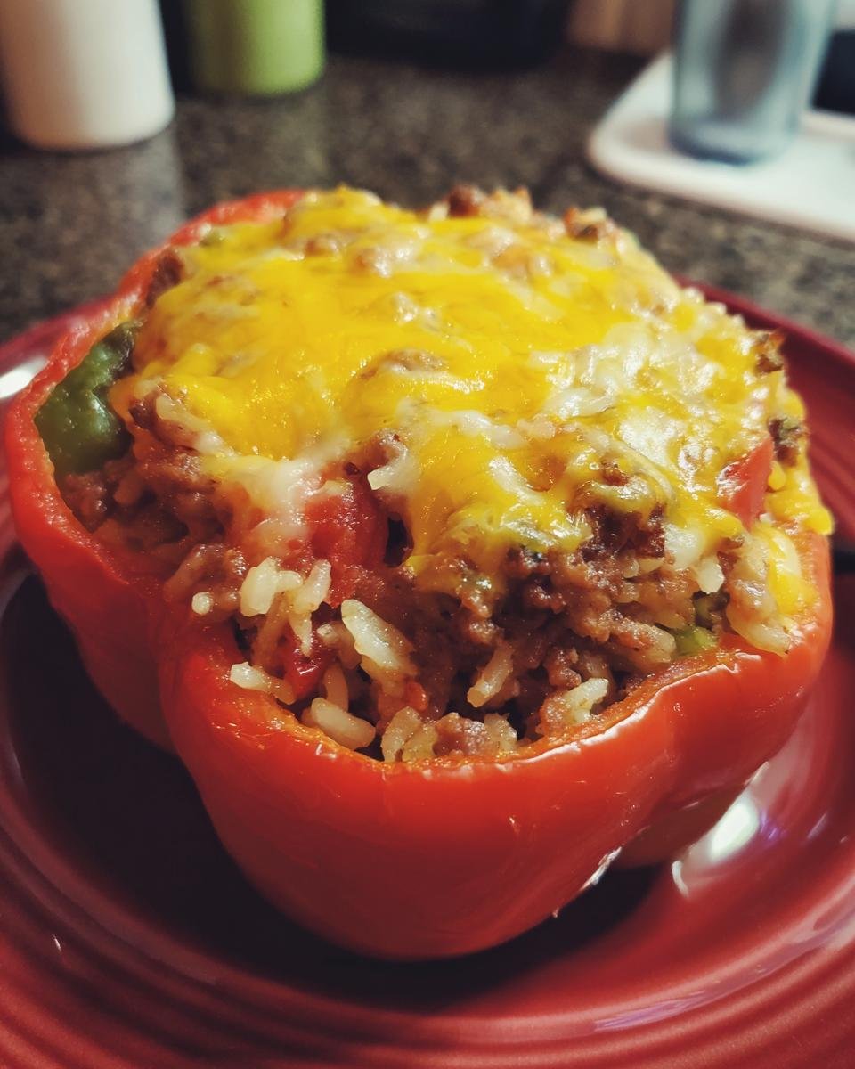 A close-up of a red bell pepper stuffed with a flavorful mixture of ground meat, rice, and tomatoes, topped with melted cheddar cheese.
