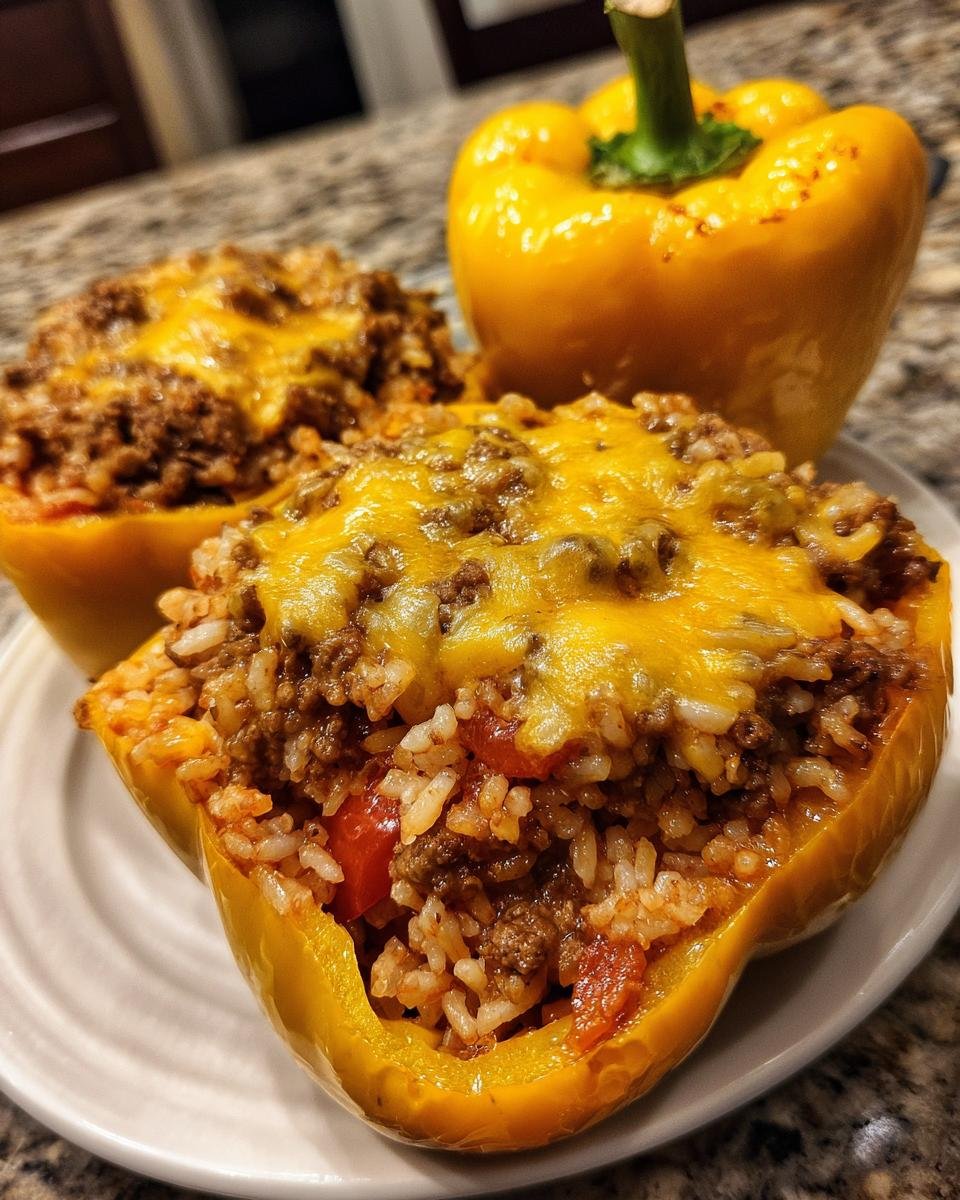 Close-up of two hearty stuffed bell peppers, topped with melted cheese, with a whole yellow bell pepper in the background.