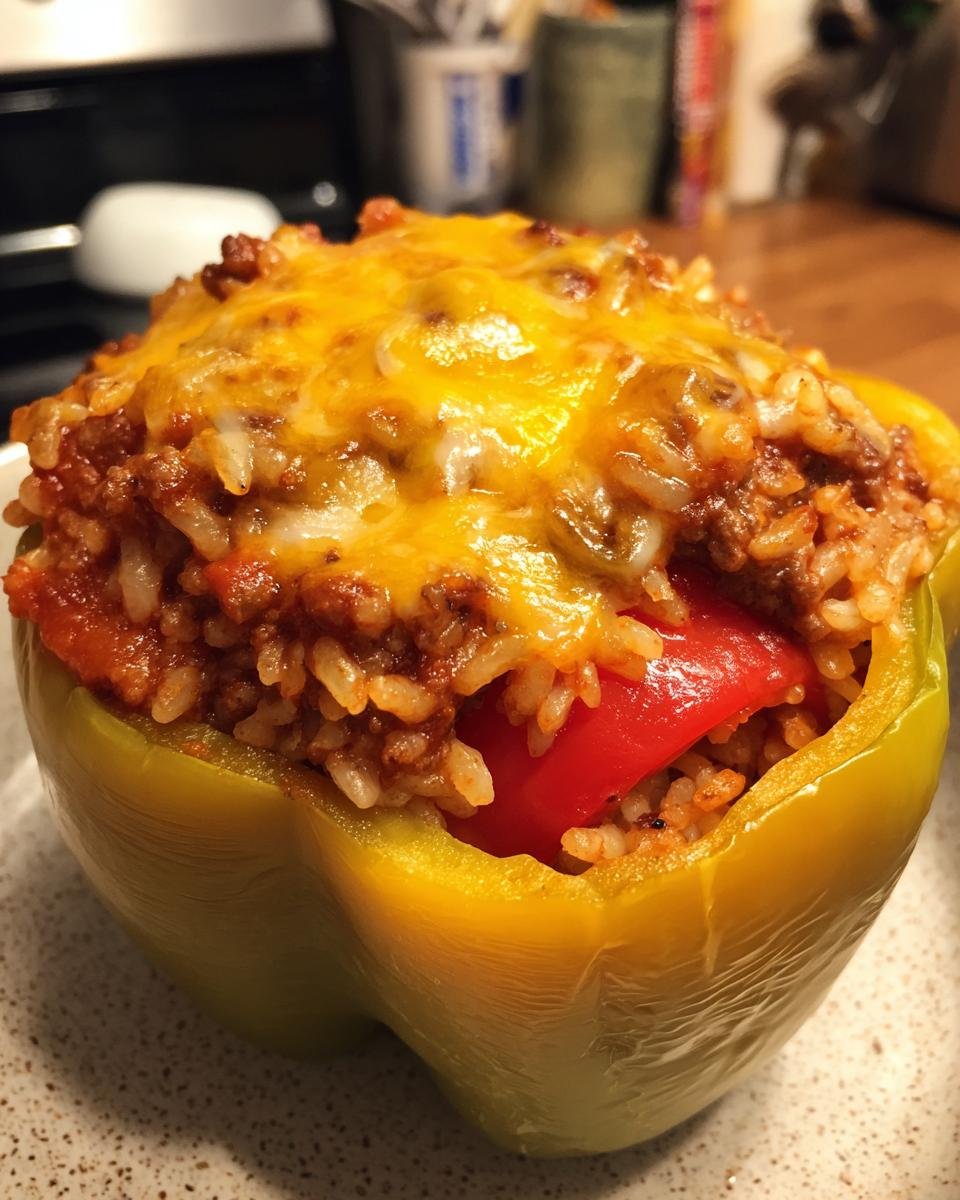 A close-up of a hearty stuffed bell pepper, filled with rice and ground meat mixture, topped with melted cheddar cheese.