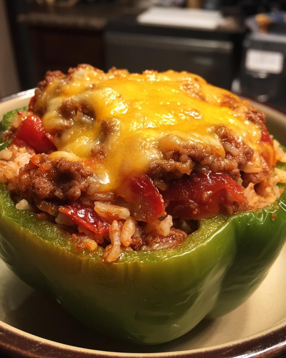 A close-up of a green bell pepper stuffed with a savory mixture of ground meat, rice, and tomatoes, topped with melted cheddar cheese.