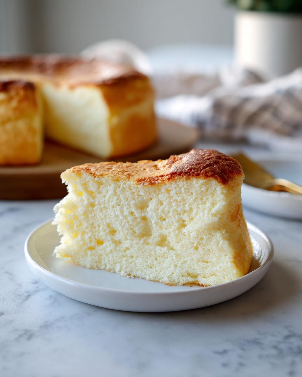 A fluffy slice of Heavenly Japanese Cheesecake on a white plate, with the rest of the cake blurred in the background.