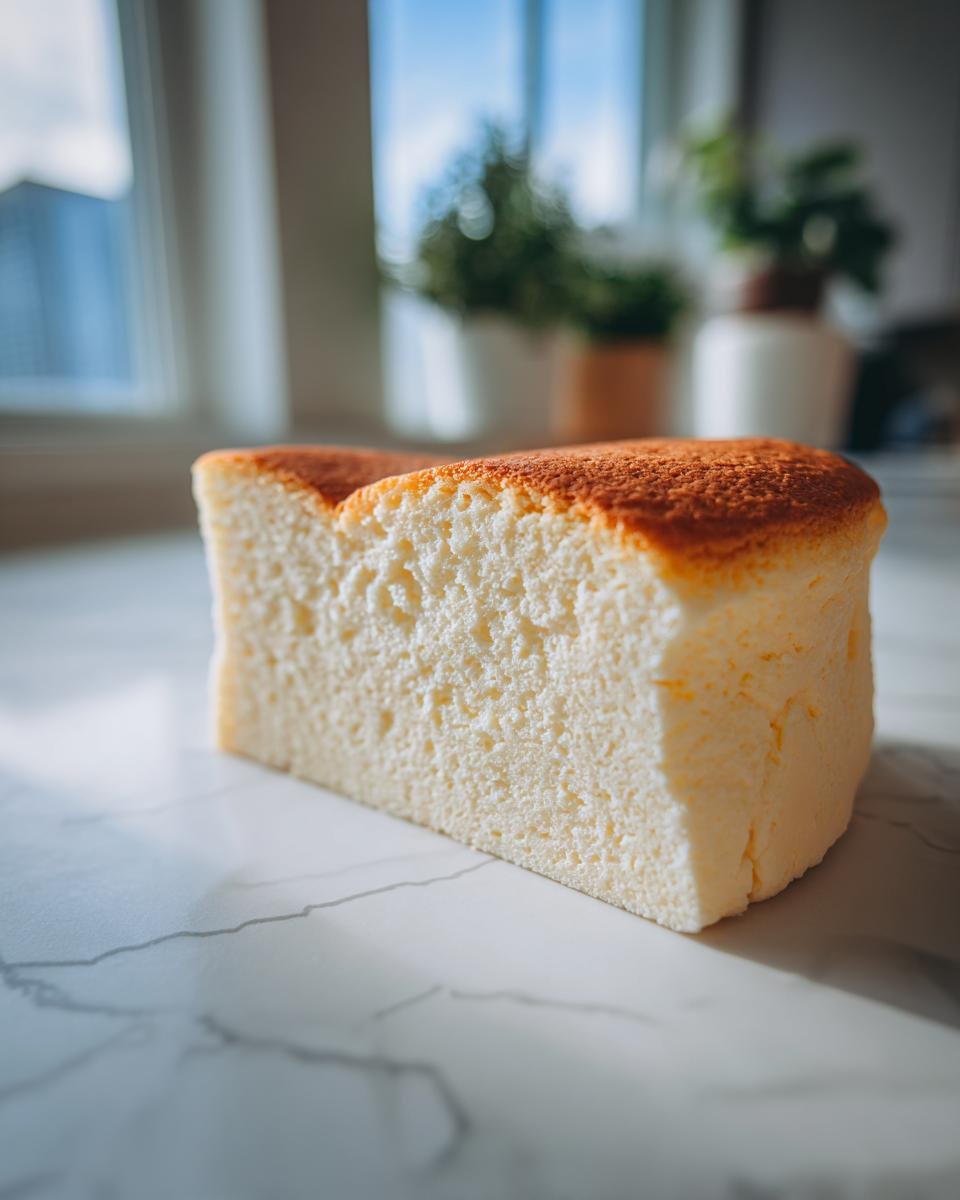 A slice of fluffy, golden-brown Heavenly Japanese Cheesecake on a marble surface.