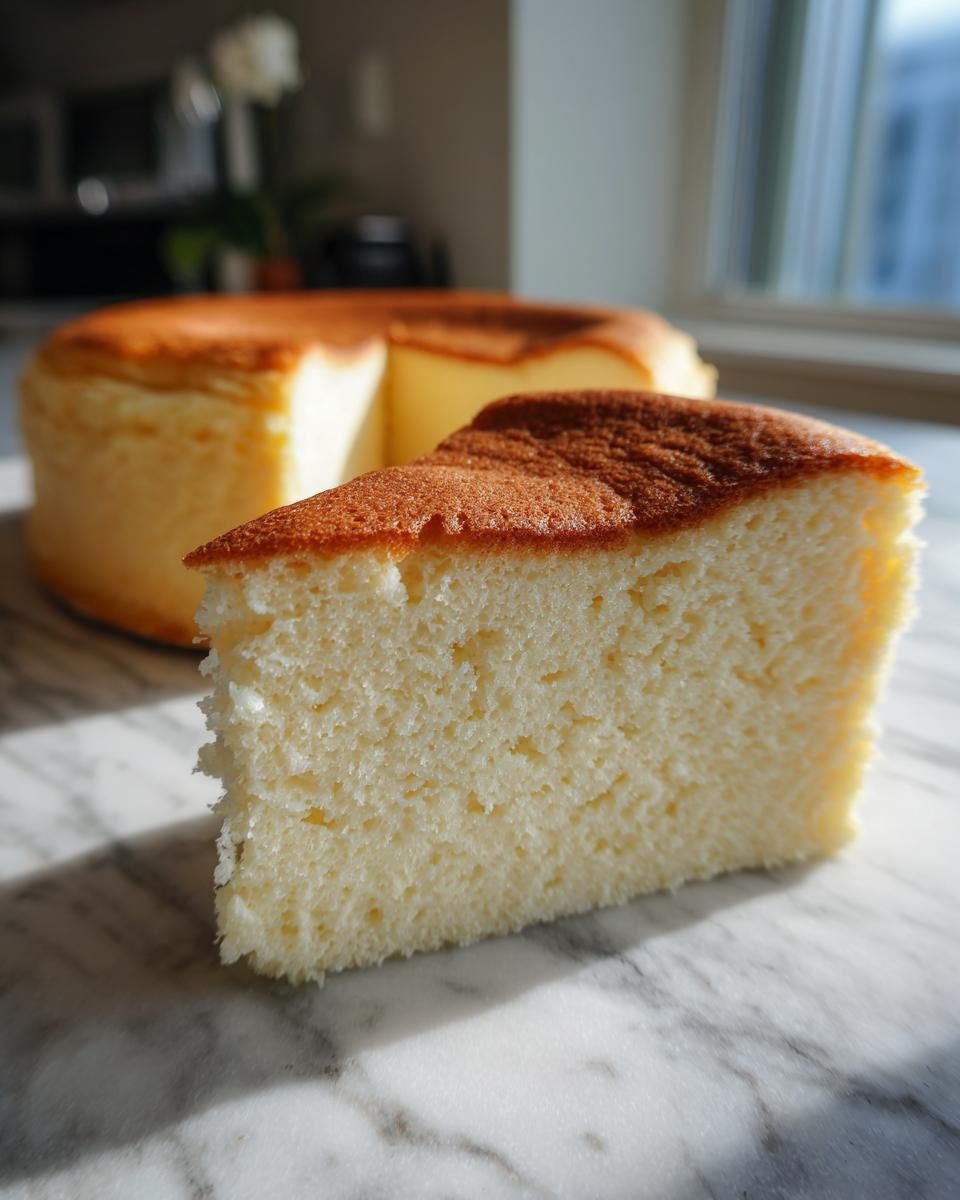 A slice of fluffy Heavenly Japanese Cheesecake with a golden-brown top, on a marble surface.