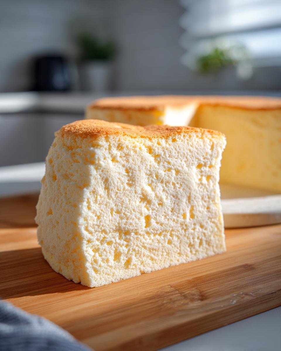 A close-up of a slice of Heavenly Japanese Cheesecake, showcasing its fluffy texture and golden-brown top.
