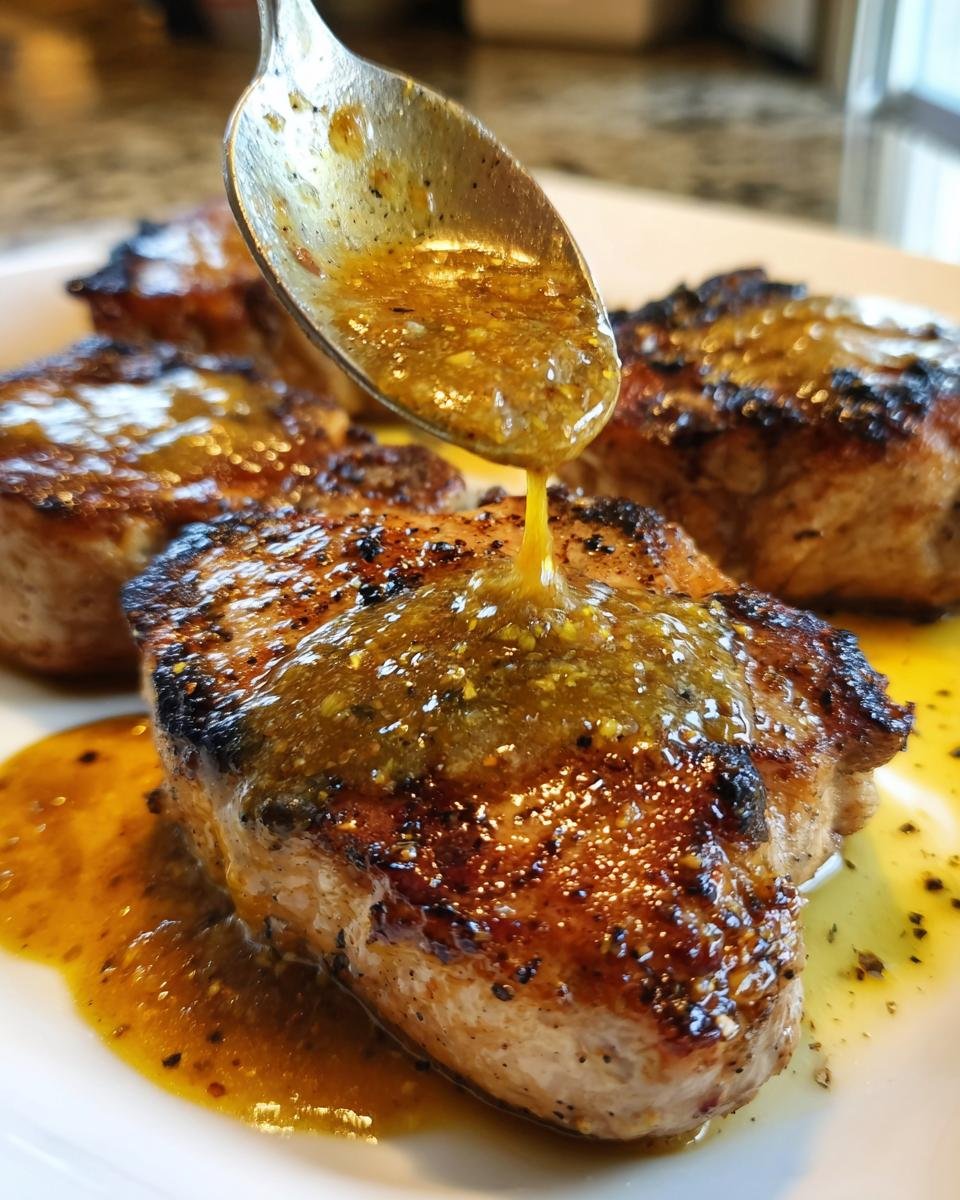 Pouring honey butter garlic sauce over juicy, pan-seared pork chops.