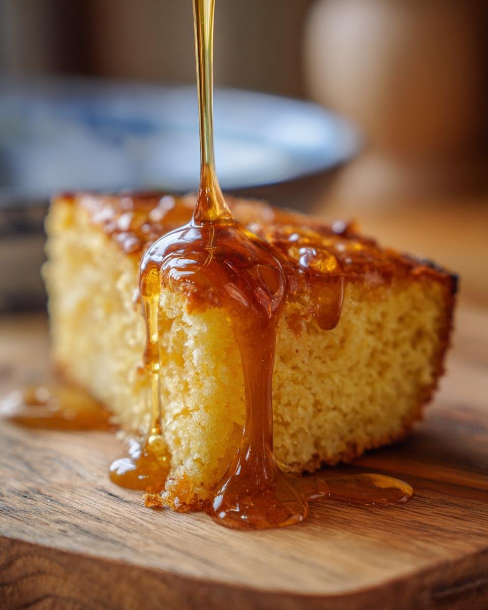 A slice of cornbread being drizzled with irresistible hot honey, showcasing its sweet and spicy magic.