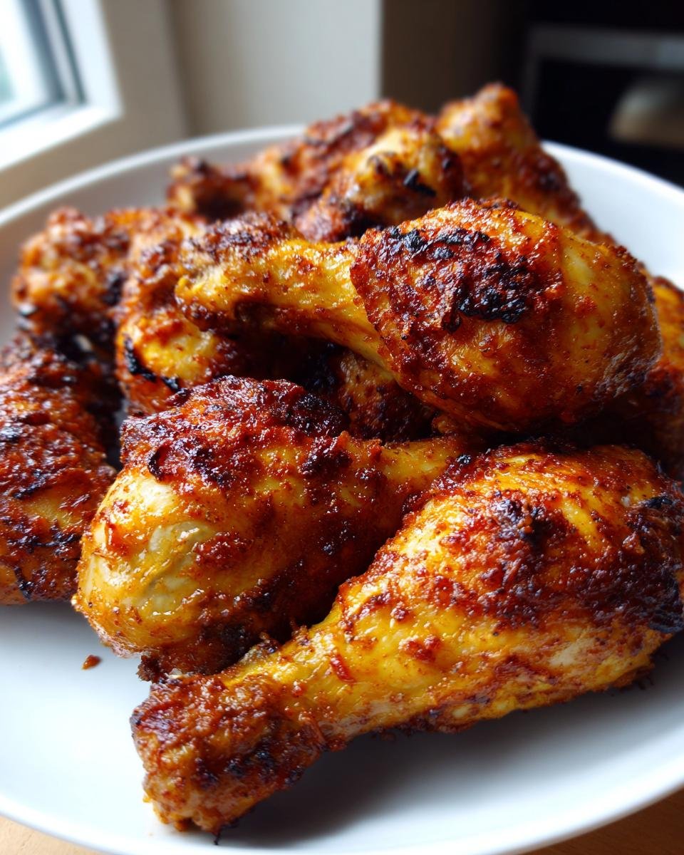 Close-up of a pile of Irresistible Baked Chicken Drumsticks Crispy Delight on a white plate, showing their golden-brown, crispy skin.