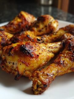 A close-up shot of several Irresistible Baked Chicken Drumsticks Crispy Delight on a white plate, showcasing their golden-brown, crispy skin.