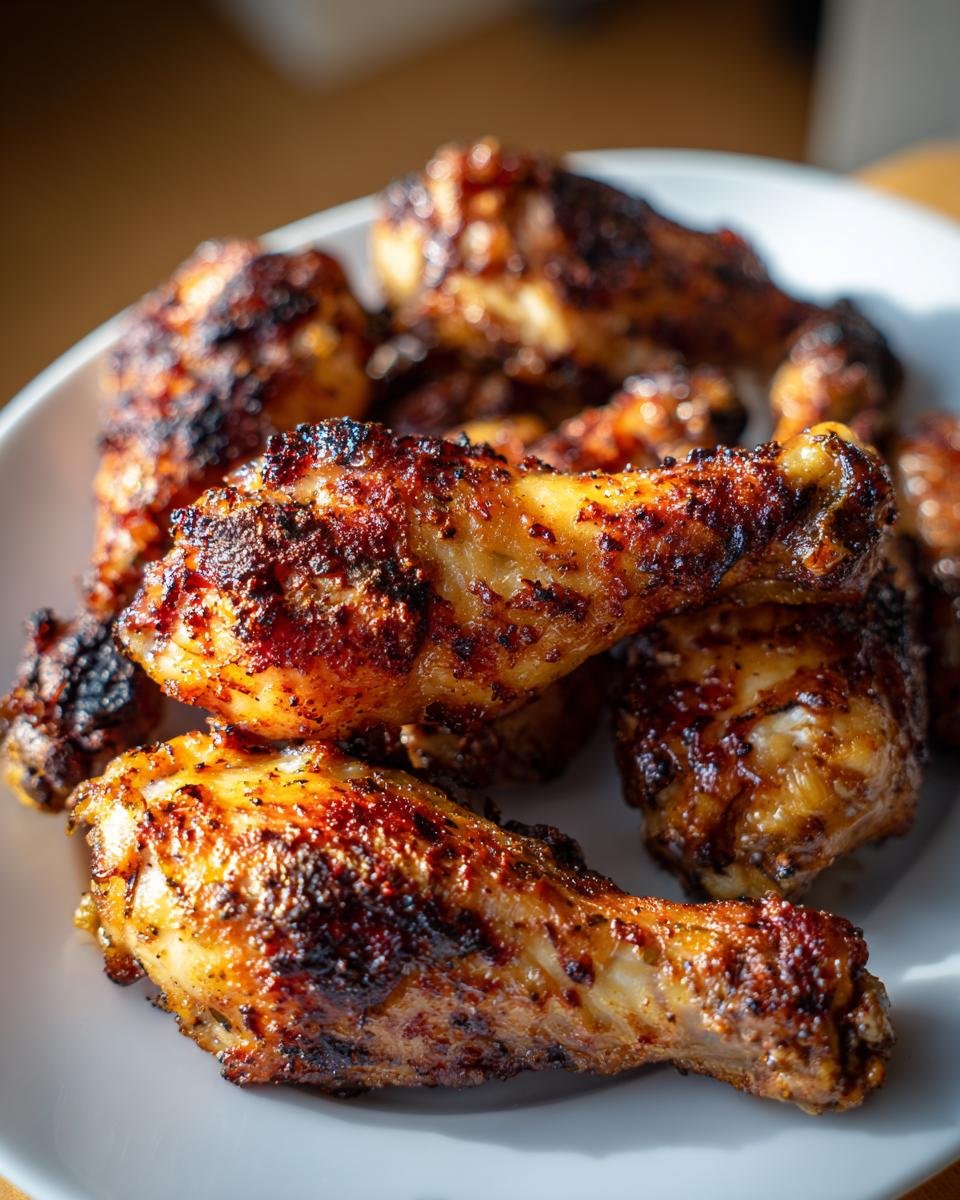 A pile of Irresistible Baked Chicken Drumsticks Crispy Delight on a white plate, showing golden-brown, crispy skin.