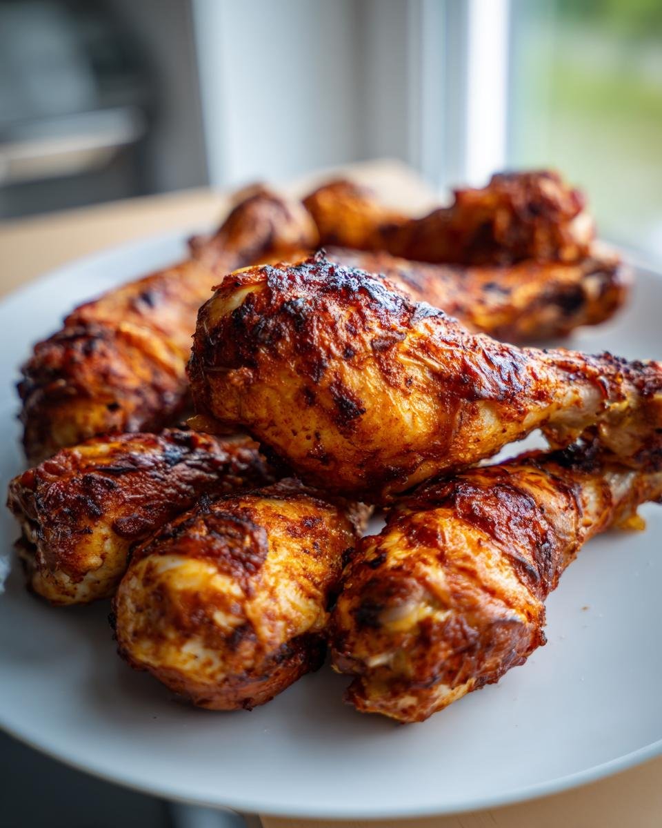 A close-up of Irresistible Baked Chicken Drumsticks Crispy Delight piled on a white plate, showcasing their golden-brown, crispy skin.