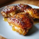 Close-up of four Irresistible Baked Honey Mustard Chicken Thighs glistening with sauce and sprinkled with herbs.