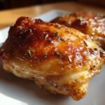 Close-up of two golden-brown baked honey mustard chicken thighs with herbs on a white plate.