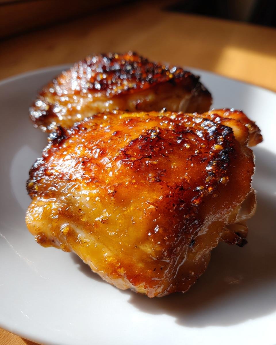 Close-up of two Irresistible Baked Honey Mustard Chicken Thighs glistening on a white plate.