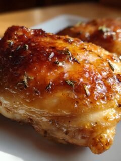 Close-up of two golden-brown baked honey mustard chicken thighs with herbs on a white plate.