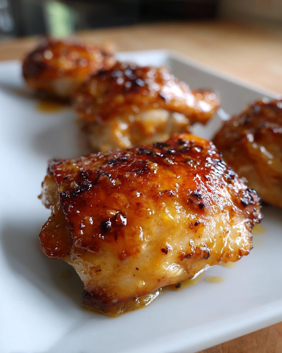 Close-up of Irresistible Baked Honey Mustard Chicken Thighs glistening with sauce on a white plate.