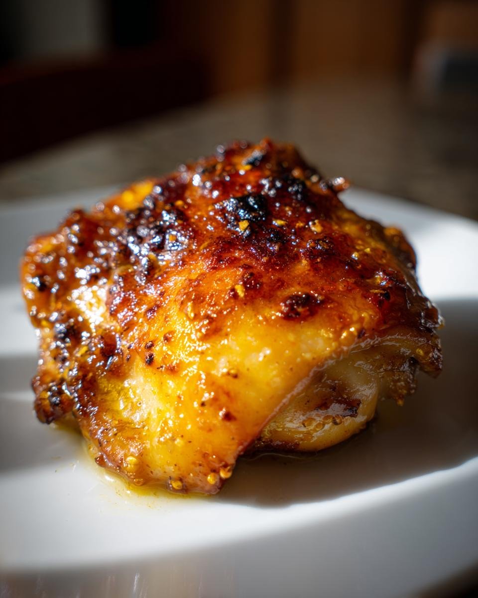 Close-up of a perfectly baked honey mustard chicken thigh on a white plate, glistening with sauce.