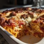 A close-up of Irresistible Baked Ziti With Sausage Cheesy Comfort in a white baking dish, showing layers of pasta, sausage, and melted cheese.