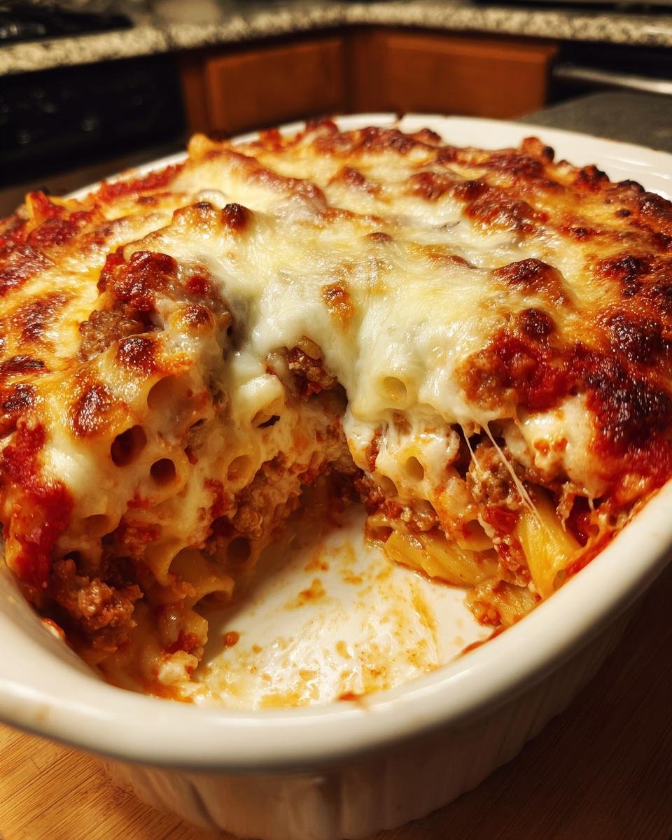 Close-up of Irresistible Baked Ziti With Sausage Cheesy Comfort, showing melted cheese and pasta tubes.