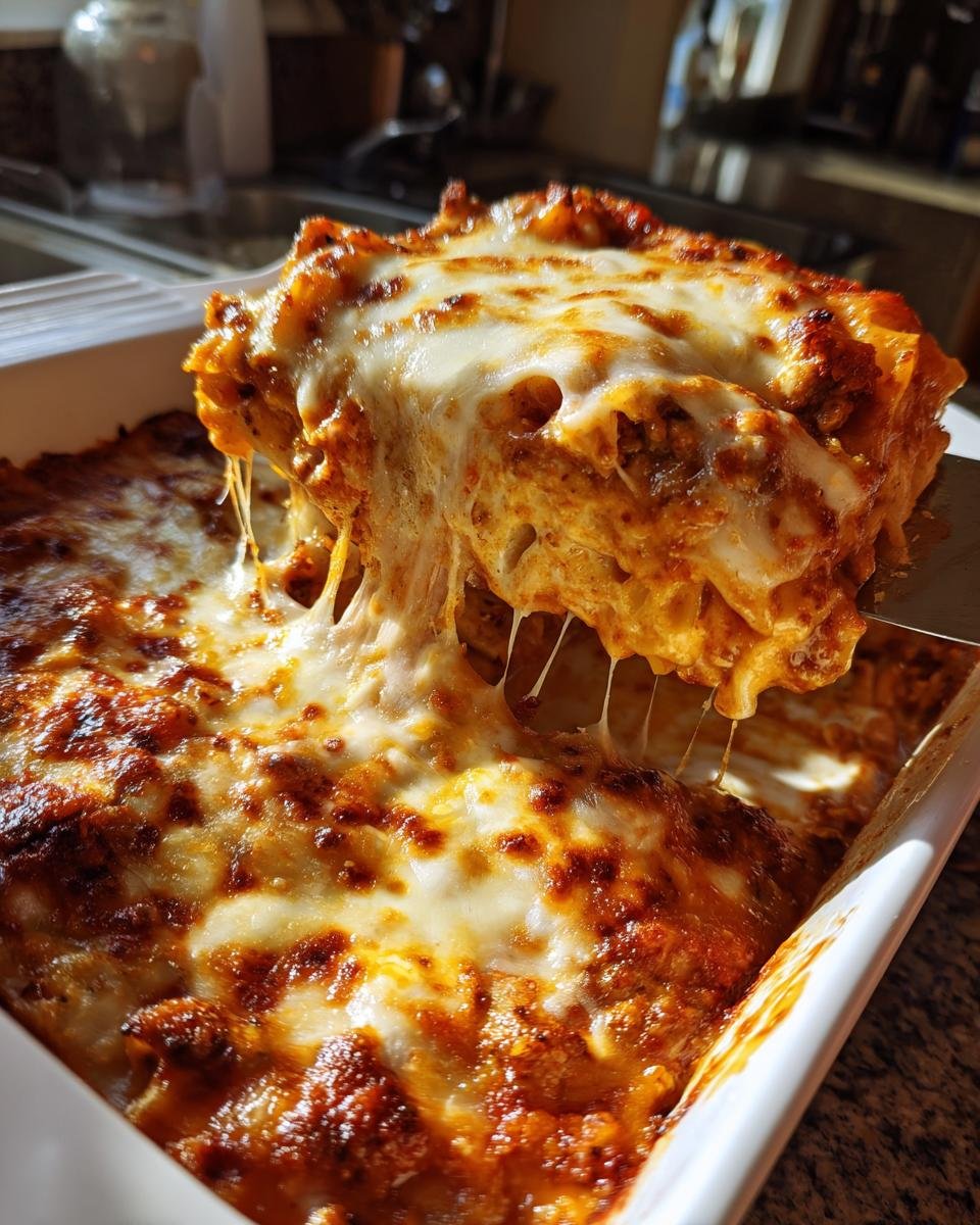 A serving of Irresistible Baked Ziti With Sausage Cheesy Comfort being lifted from the dish, showing gooey melted cheese.