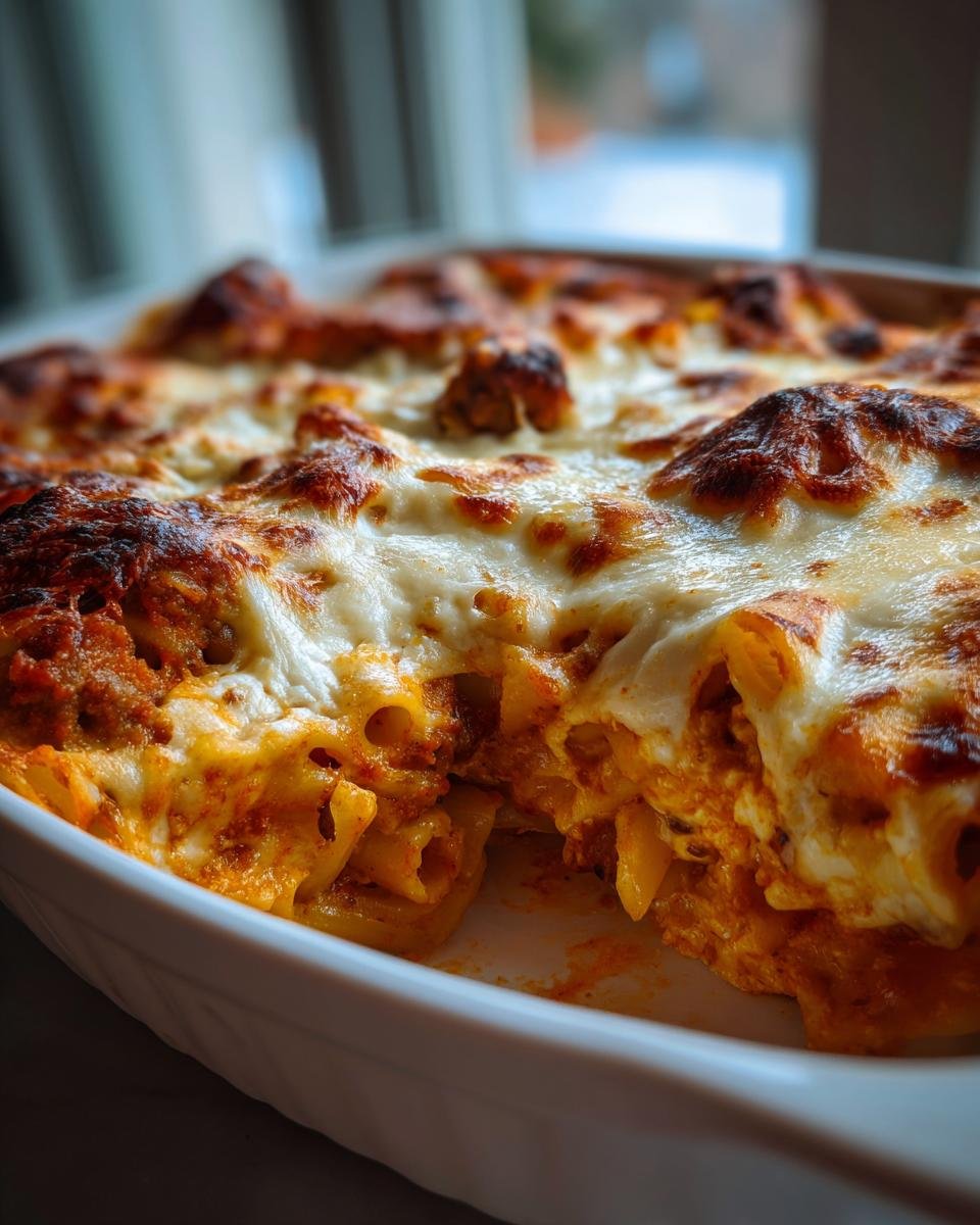 Close-up of Irresistible Baked Ziti With Sausage Cheesy Comfort in a white baking dish, with melted golden-brown cheese.