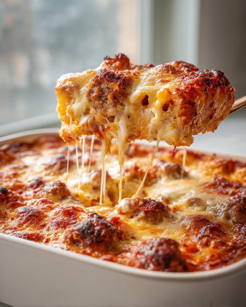 A scoop of Irresistible Baked Ziti With Sausage, showing gooey melted cheese strings and browned sausage.