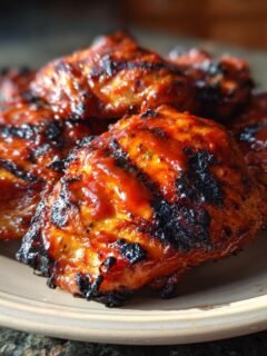Close-up of juicy, grilled BBQ chicken thighs with char marks, glistening with sauce on a plate.