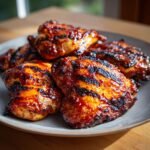 Close-up of juicy, grilled BBQ chicken thighs with char marks, glistening with sauce, ready for summer grilling.
