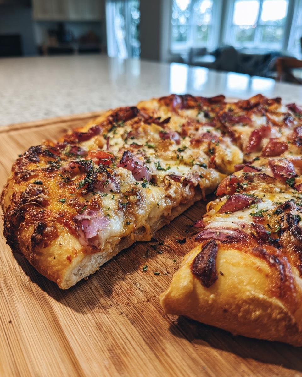 A delicious slice of Irresistible BBQ Chicken Pizza with melted cheese, red onion, and herbs on a wooden board.