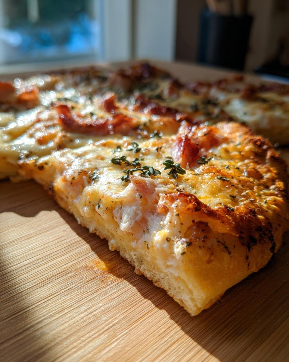 A close-up, angled shot of a slice of Irresistible BBQ Chicken Pizza on a wooden board, showing melted cheese and herbs.