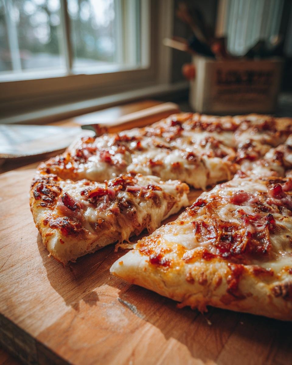 Close-up of a freshly baked, sliced BBQ Chicken Pizza, showcasing melted cheese and toppings.