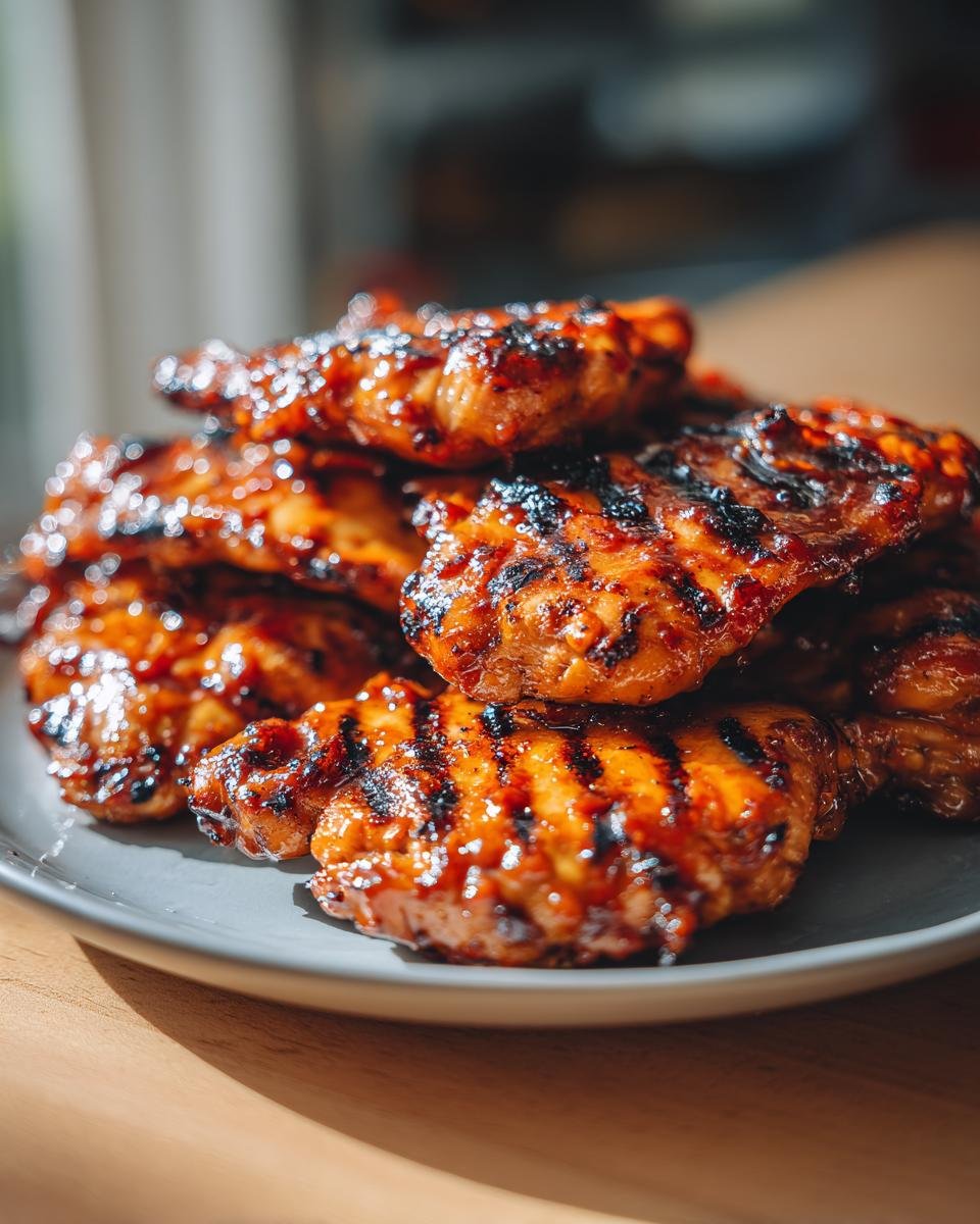 A close-up of a stack of juicy, grilled BBQ chicken pieces with char marks, ready for summer grilling.
