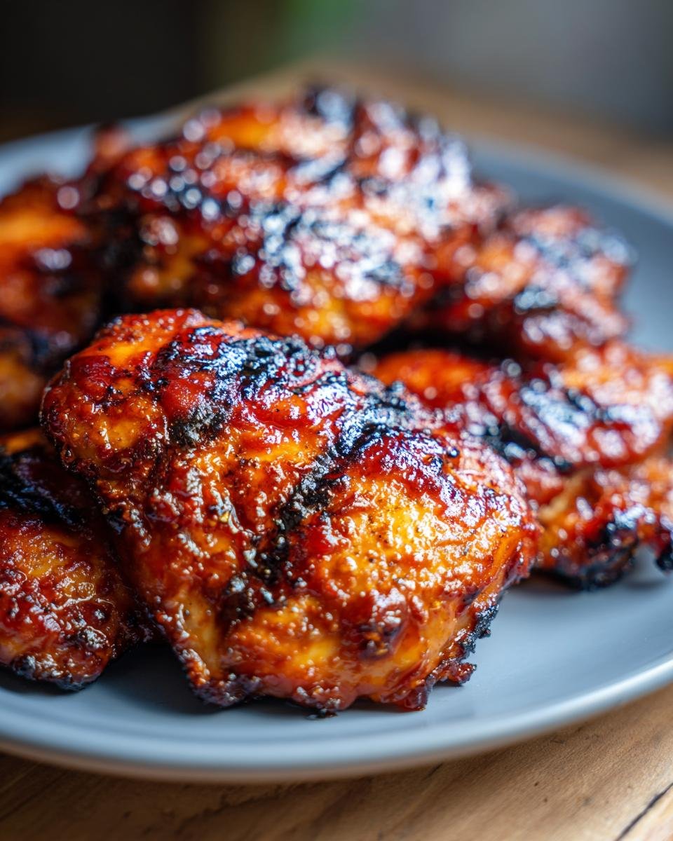 Close-up of glistening, grilled BBQ chicken thighs, perfectly charred and glazed, ready for summer grilling.