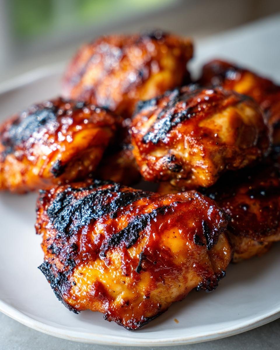 Close-up of juicy, grilled BBQ chicken thighs with grill marks and a glossy glaze, perfect for summer grilling.