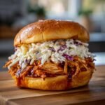 A close-up of an irresistible BBQ chicken sandwich piled high with shredded chicken, BBQ sauce, and creamy coleslaw on a brioche bun.