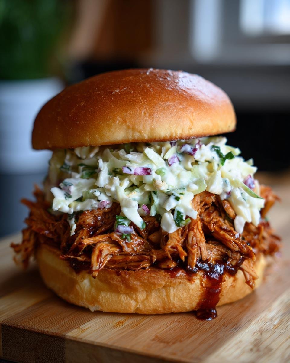 A close-up of an Irresistible BBQ Chicken Sandwich With Coleslaw on a wooden board, showing shredded chicken and creamy coleslaw.