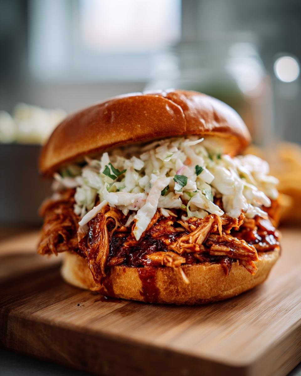 A close-up of an irresistible BBQ chicken sandwich piled high with shredded chicken and creamy coleslaw on a toasted bun.
