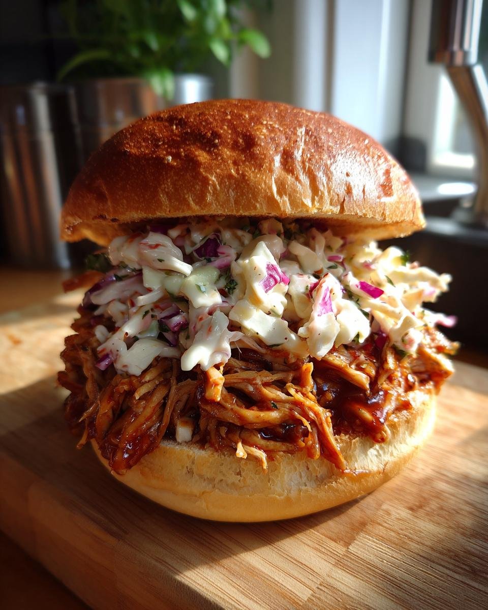 Close-up of an irresistible BBQ chicken sandwich piled high with shredded chicken and creamy coleslaw on a bun.