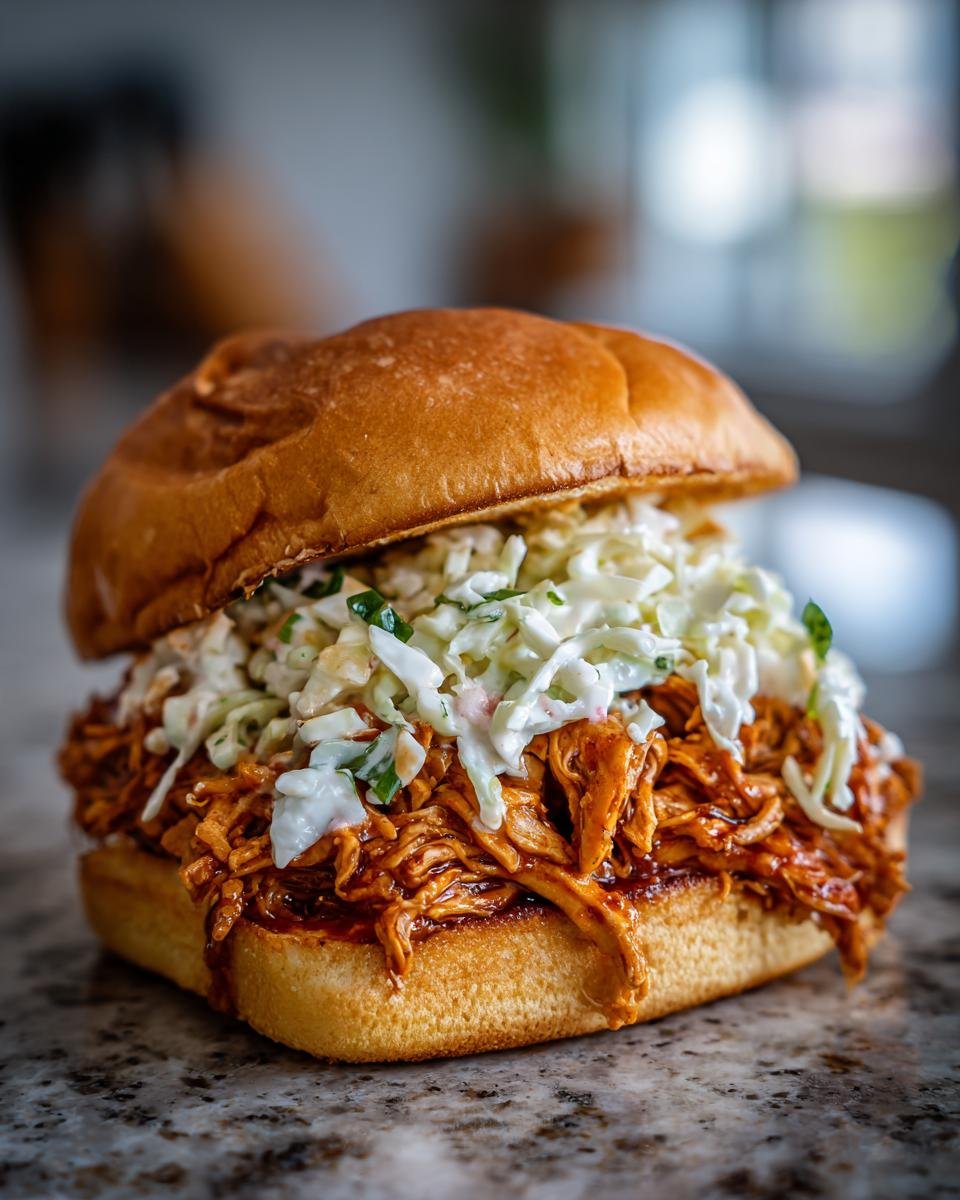 A close-up of an irresistible BBQ chicken sandwich piled high with shredded chicken and creamy coleslaw on a toasted bun.