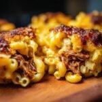 Close-up of Irresistible BBQ Pulled Pork Macaroni and Cheese, showing melted cheese and tender pulled pork.