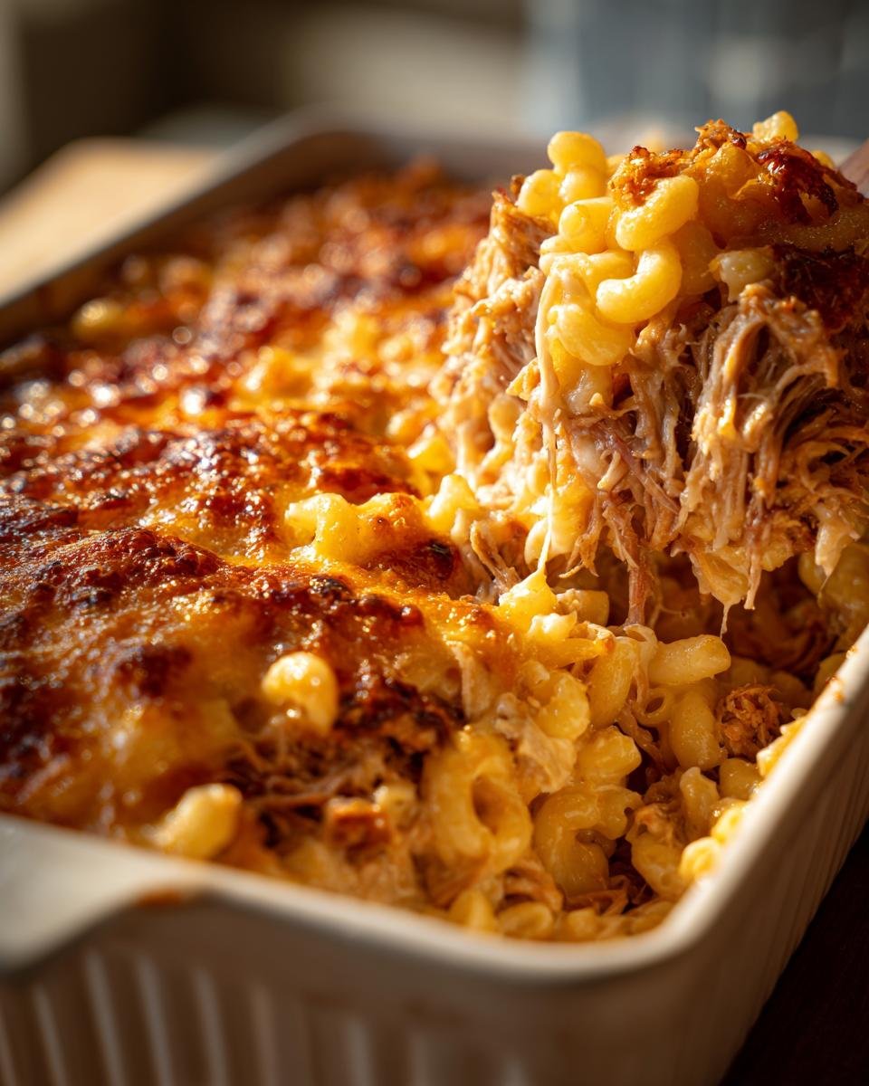 A scoop of Irresistible BBQ Pulled Pork Macaroni And Cheese being lifted from a baking dish, showing cheesy pasta and tender pulled pork.