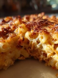 A close-up of a baked dish of Irresistible BBQ Pulled Pork Macaroni And Cheese, with golden brown, bubbly cheese.