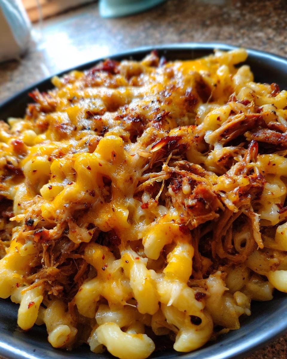 A close-up of Irresistible BBQ Pulled Pork Macaroni And Cheese topped with melted cheddar.