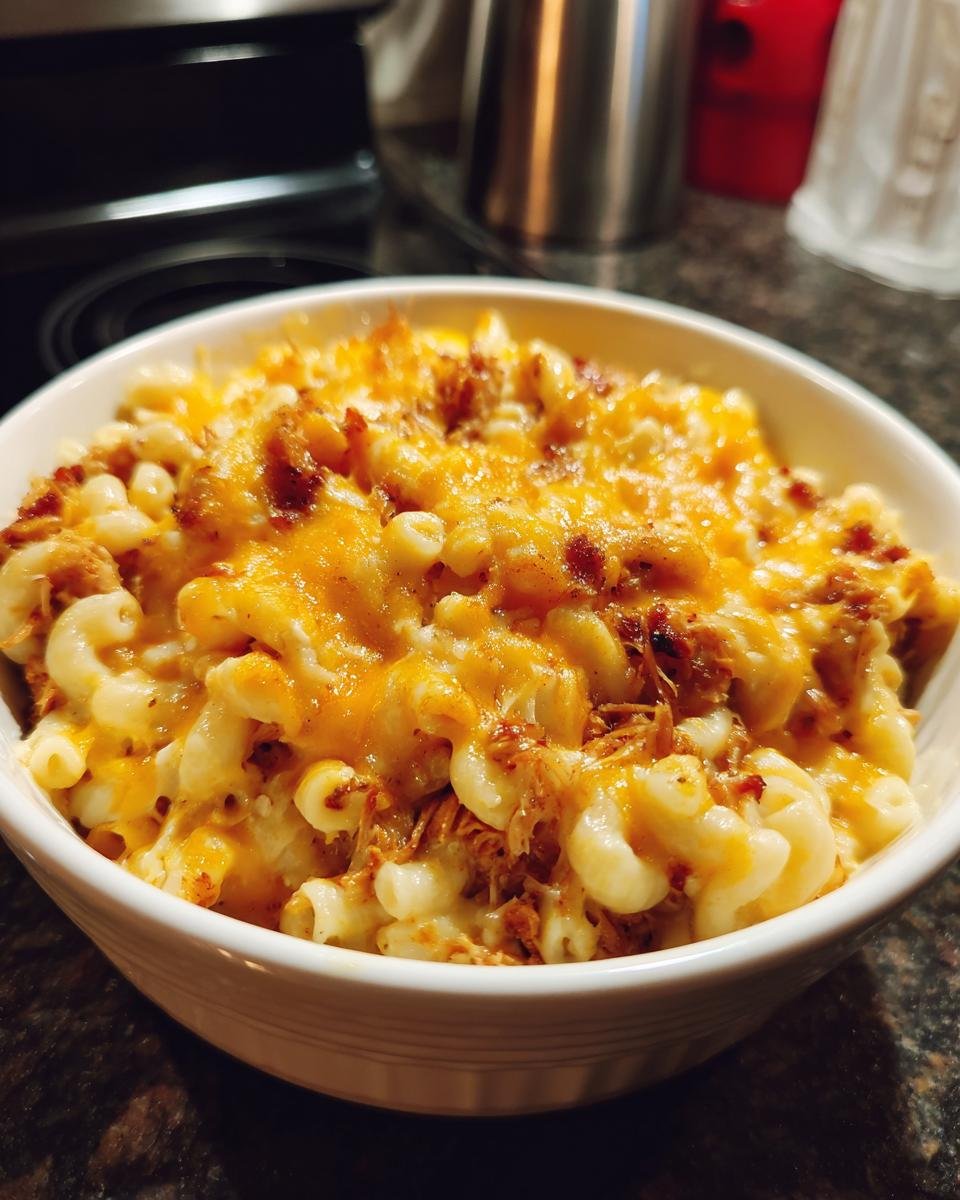 A close-up of a bowl filled with Irresistible BBQ Pulled Pork Macaroni and Cheese, topped with melted cheddar.