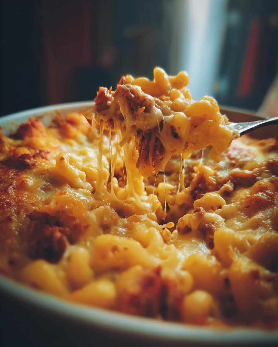 A fork lifting a cheesy bite of Irresistible BBQ Pulled Pork Macaroni and Cheese, showing melted cheese strings.